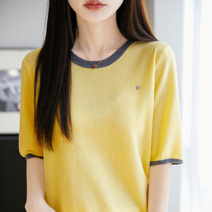 2025 Summer New Knitted Wool Round Neck Knitted Shirt Short Sleeve T-shirt Women's Color blocked Loose and Versatile Match*
