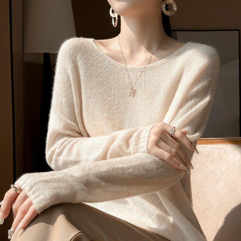 Women's seamless cashmere Tencel thin round neck loose and lazy sweater, wool knitted base sweater