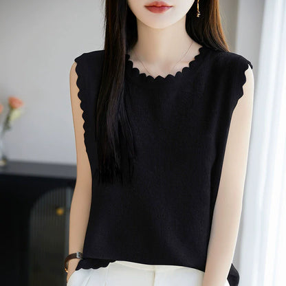 Women's woven wool lace round neck knitted vest with hollowed out jacquard sleeveless base sweater*