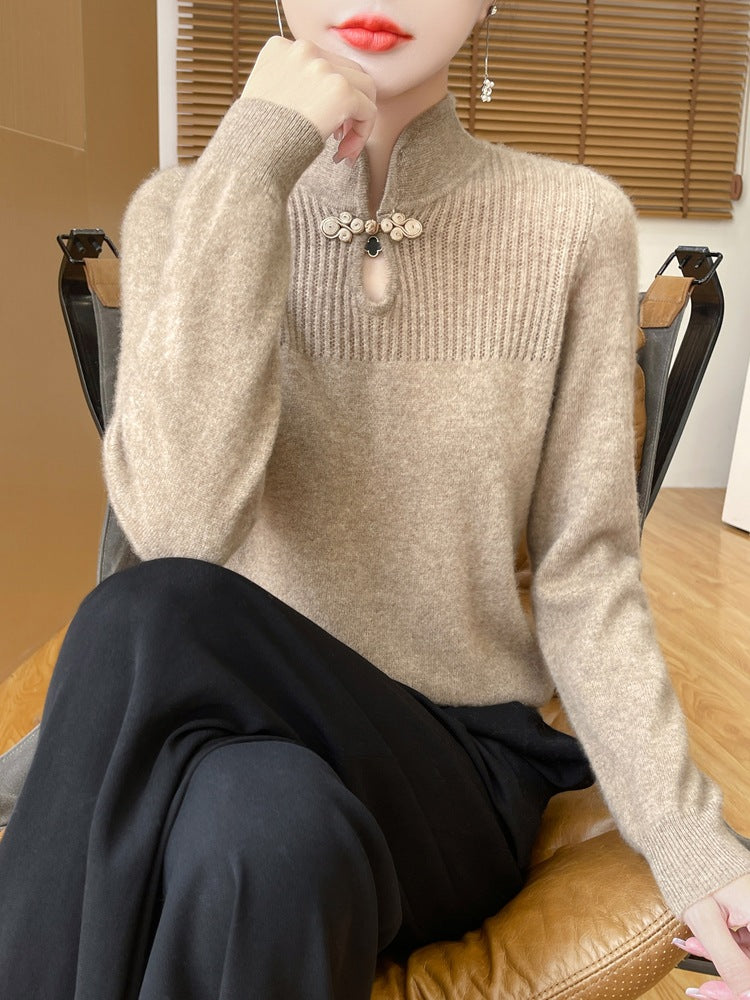 Woolen sweater, women's new Chinese style buttoned top, knitted sweater, Chinese style sweater, long sleeved base sweater