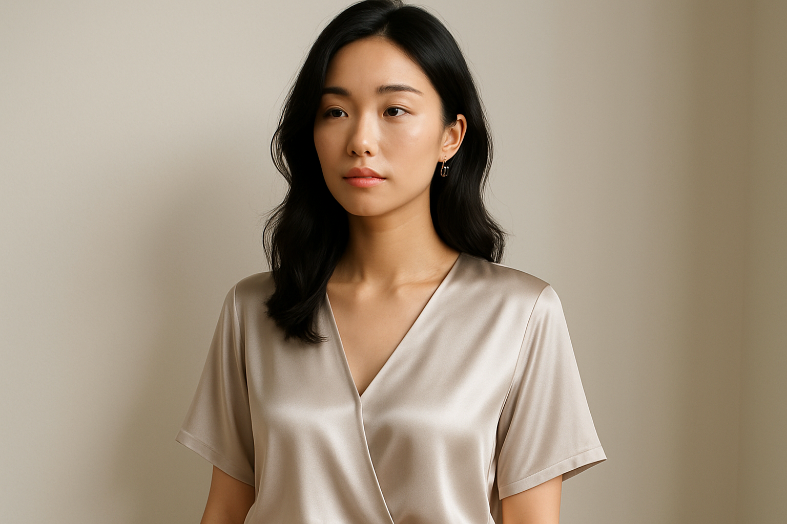 亚洲美女穿v领冰丝上衣